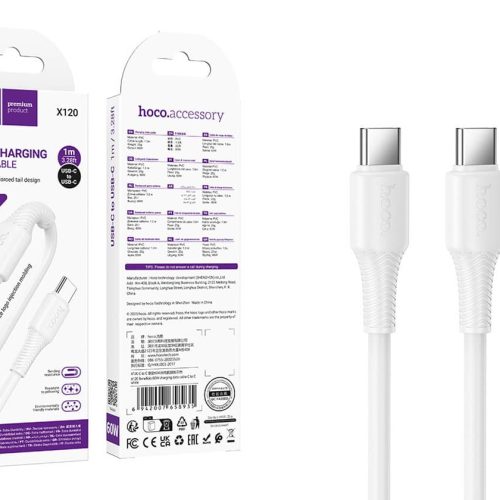 Кабель HOCO X120 Type-C — Type-C, 60W, ПВХ, 1м, белый