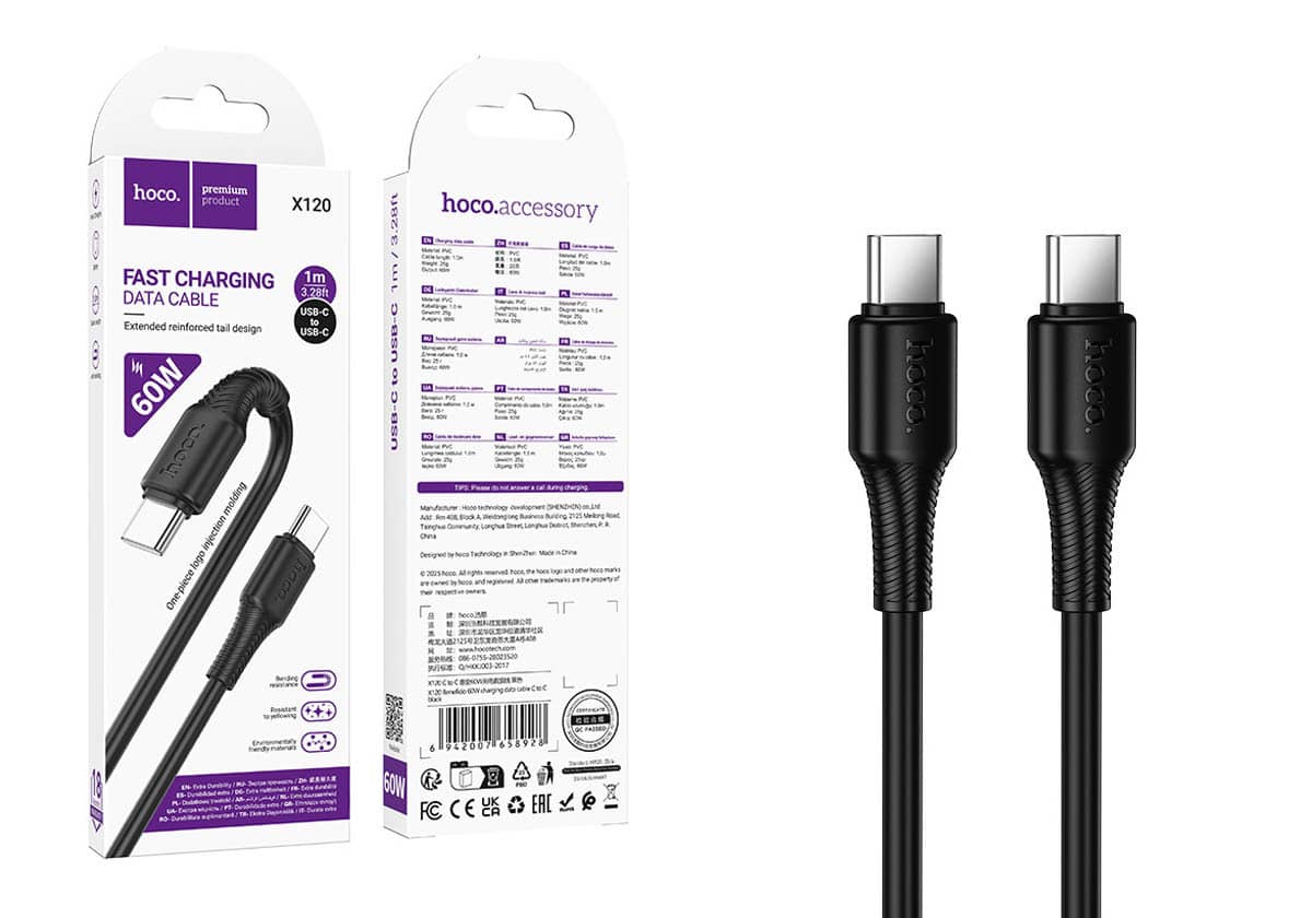 Кабель HOCO X120 Type-C - Type-C, 60W, ПВХ, 1м, черный