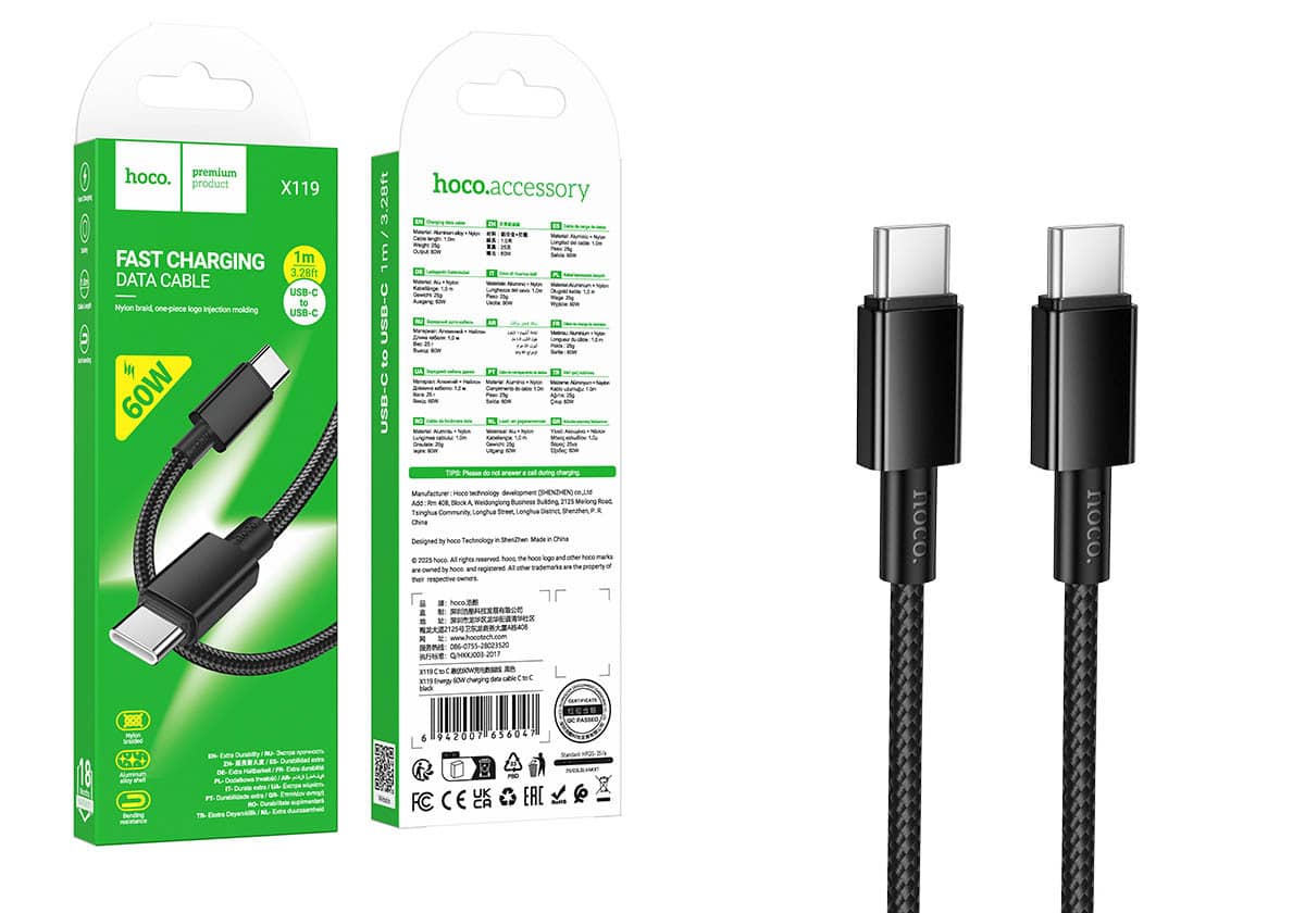 Кабель HOCO X119 Type-C - Type-C, 60W, нейлон, 1м, черный
