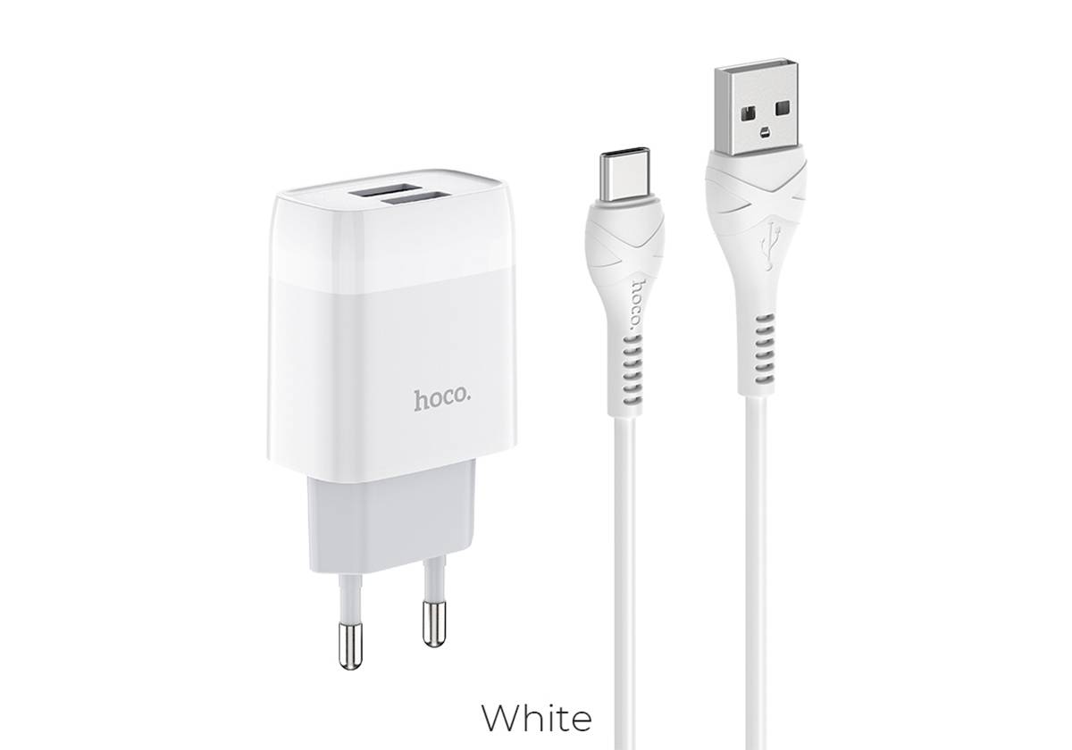 Зарядное устройство Hoco C73A два порта, с кабелем для Lightning, белый
