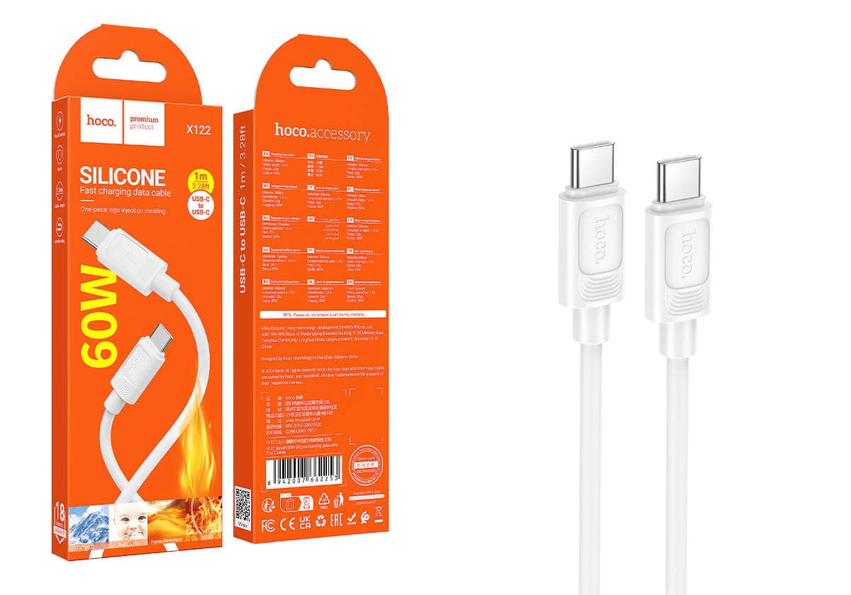Кабель HOCO X122 Type-C - Type-C, 60W, силикон, 1м, белый