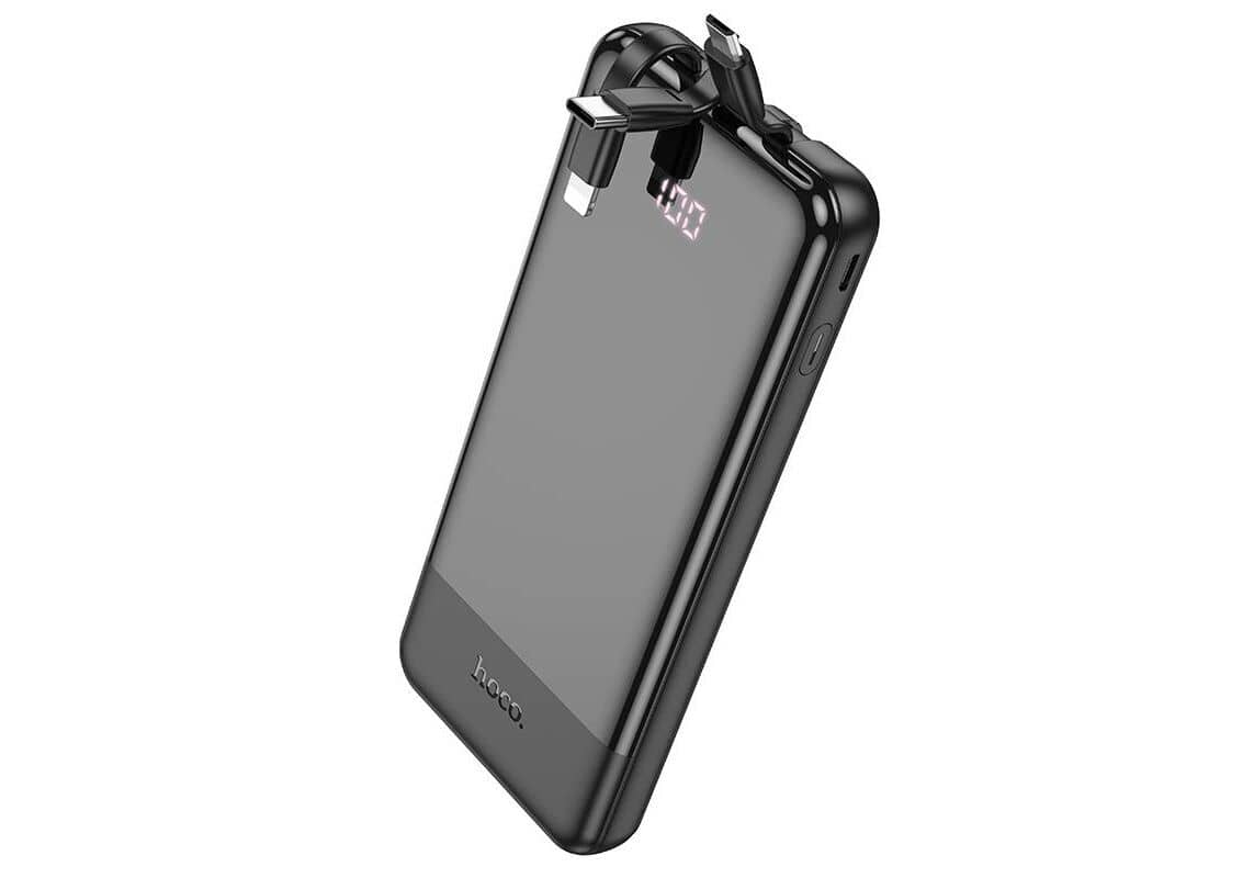 Портативный аккумулятор Hoco J114 10000mAh с встроенными кабелями Lightning, Type-C и Micro, черный