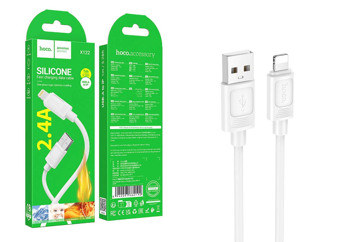 Кабель HOCO X122 USB-Lightning, 2.4A, силикон, 1м, белый