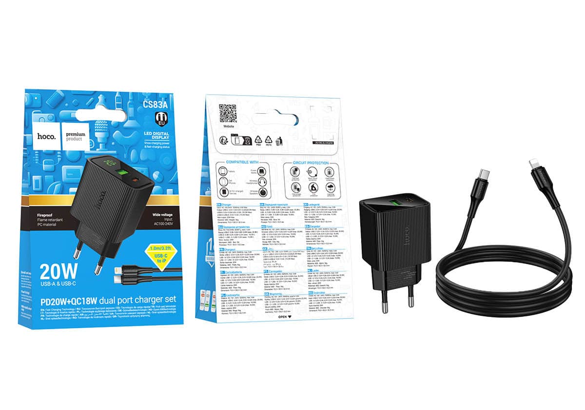 Зарядное устройство HOCO CS83A Excellent 1xUSB, 1xUSB-C, PD20W, QC3.0, цифровой дисплей