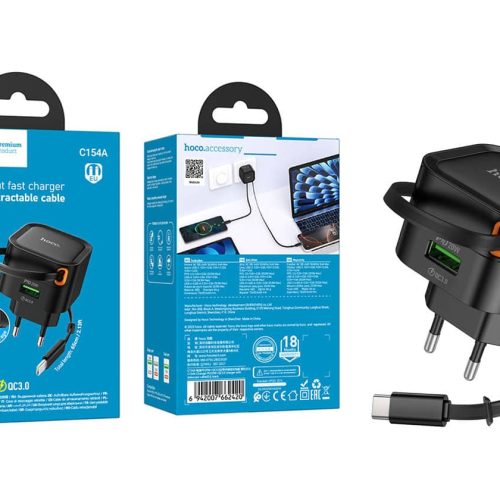 Зарядное устройство HOCO C154A Changer PD20W+QC3.0 с выдвижным кабелем Type-C, черный