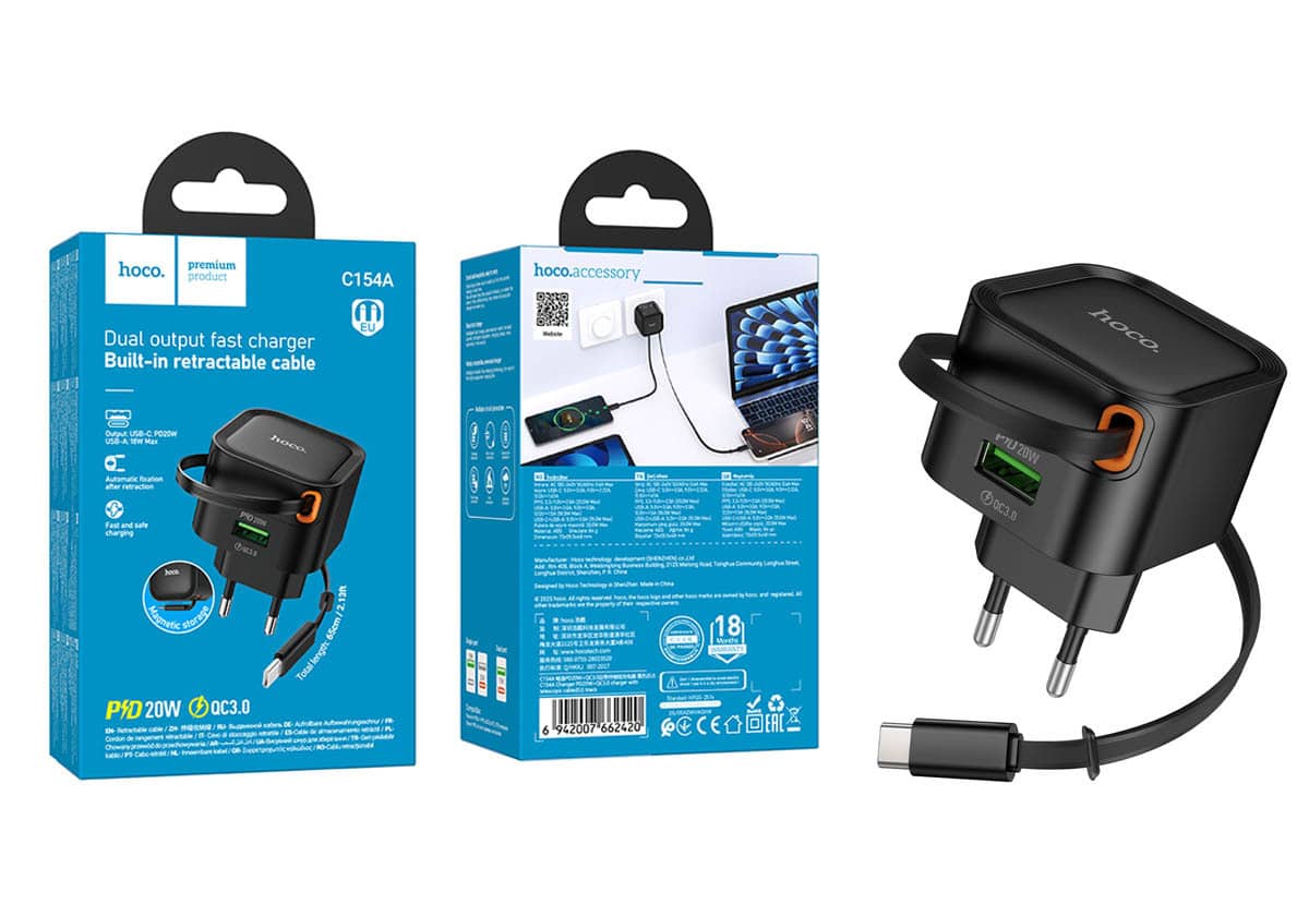 Зарядное устройство HOCO C154A Changer PD20W+QC3.0 с выдвижным кабелем Type-C, черный