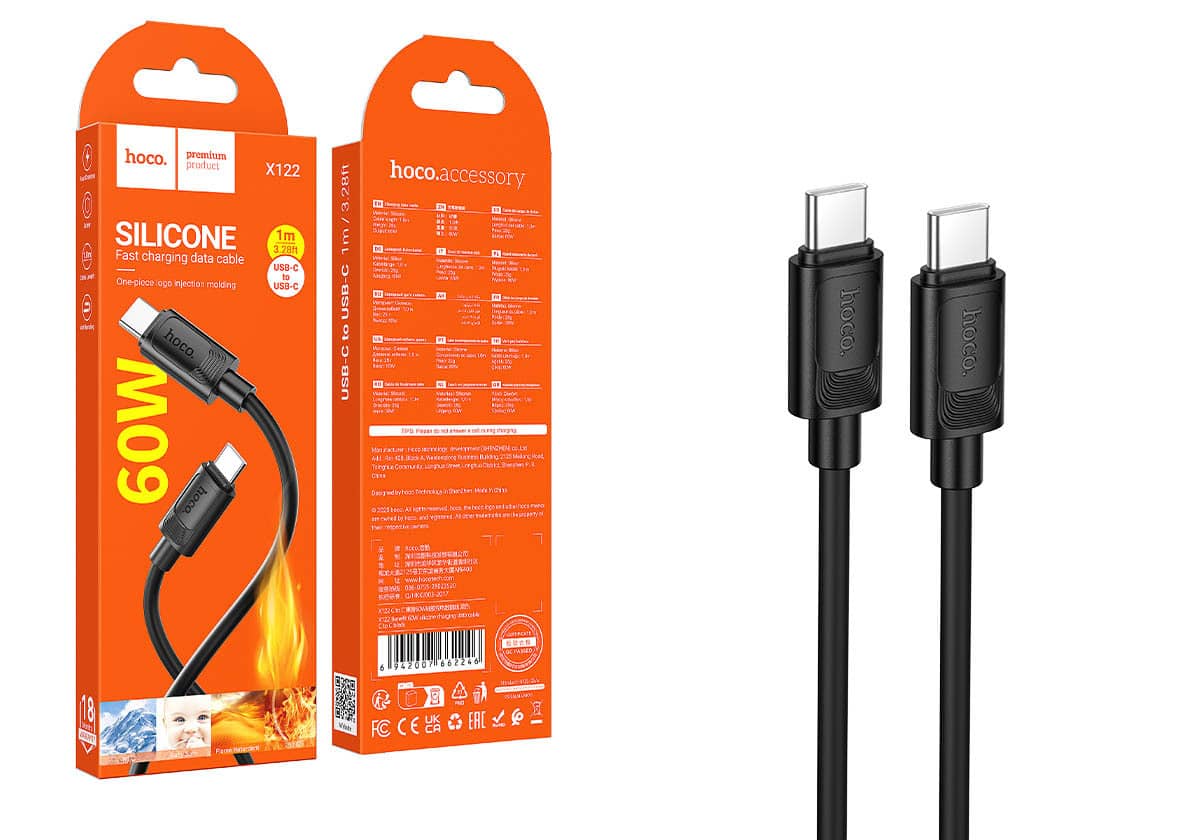 Кабель HOCO X122 Type-C - Type-C, 60W, силикон, 1м, черный