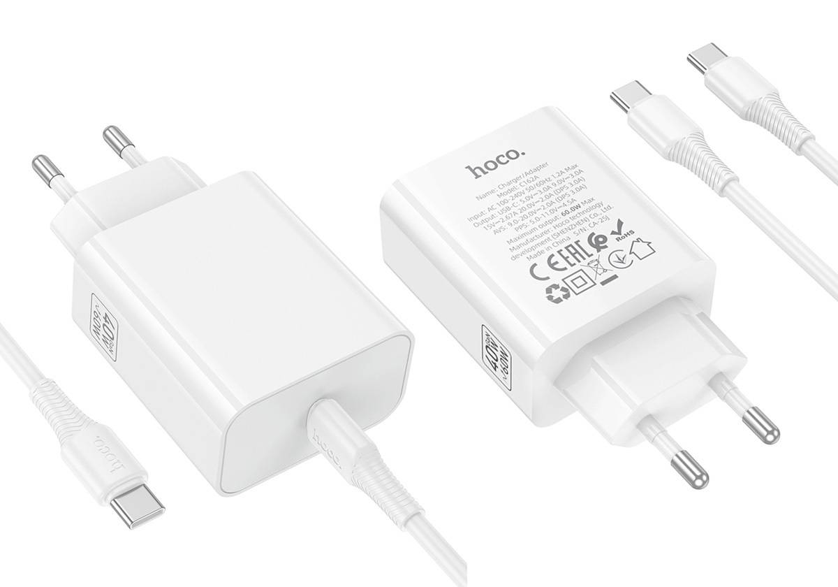 Зарядное устройство HOCO C162A Source USB-C PD40W, max PD60W (EU) с кабелем Type-C для Type-C 60W