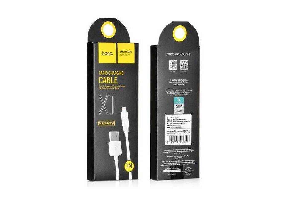 Кабель HOCO X1 USB-Lightning, 2.1А, ПВХ, 1м, белый