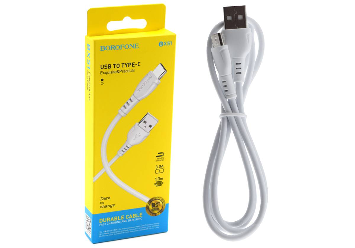 Кабель BOROFONE BX51 USB - Type-C, 3.A, ПВХ, 1м, белый