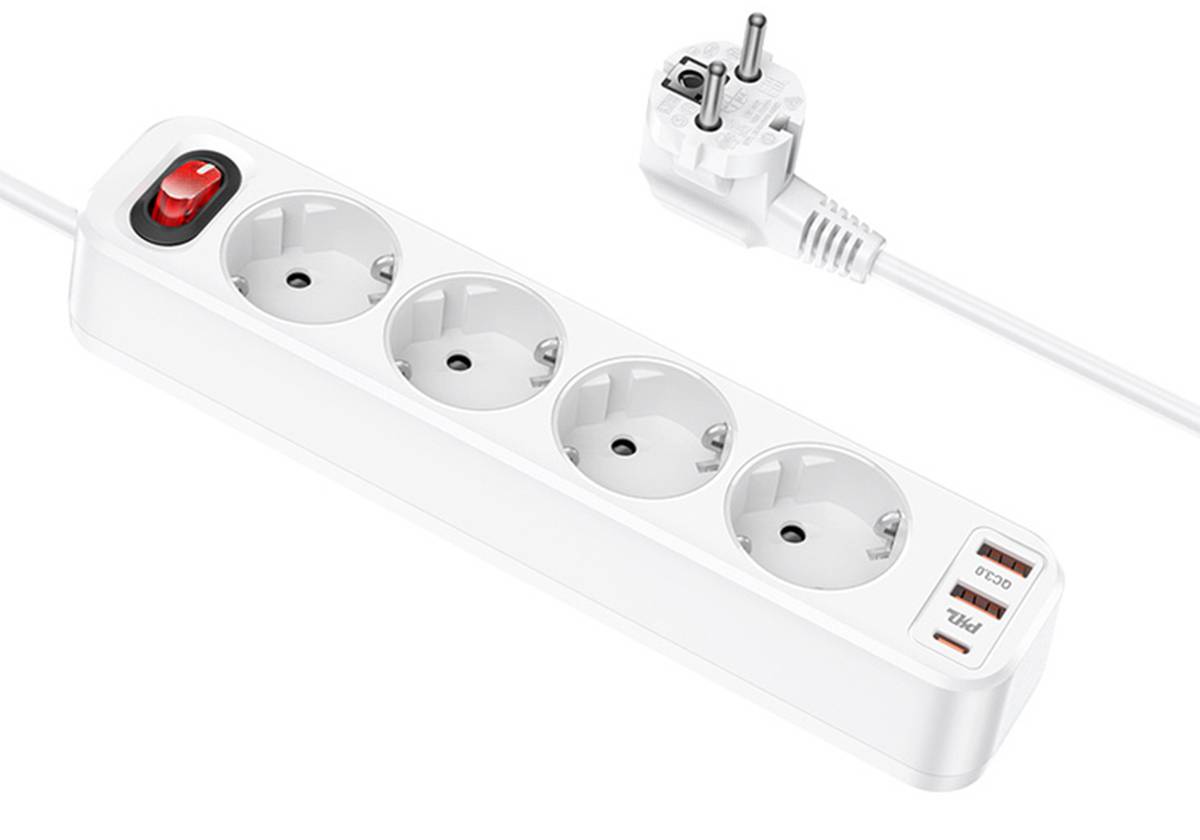 Сетевой удлинитель HOCO NS1 4 розетки+Type-C PD20W+2USB 18W. Длина кабеля 1.8 м 4000W, белый