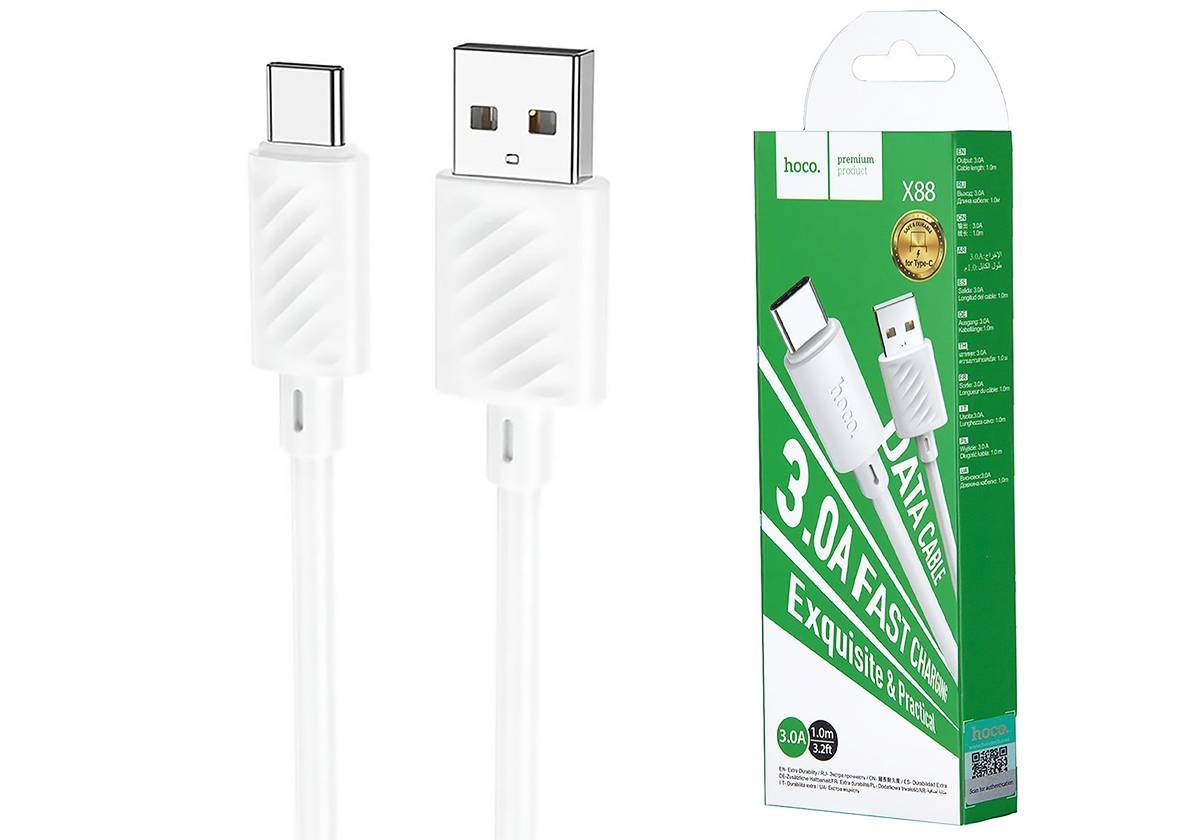 Кабель HOCO X88 USB-Type-C, 3А, ПВХ, 1м, белый