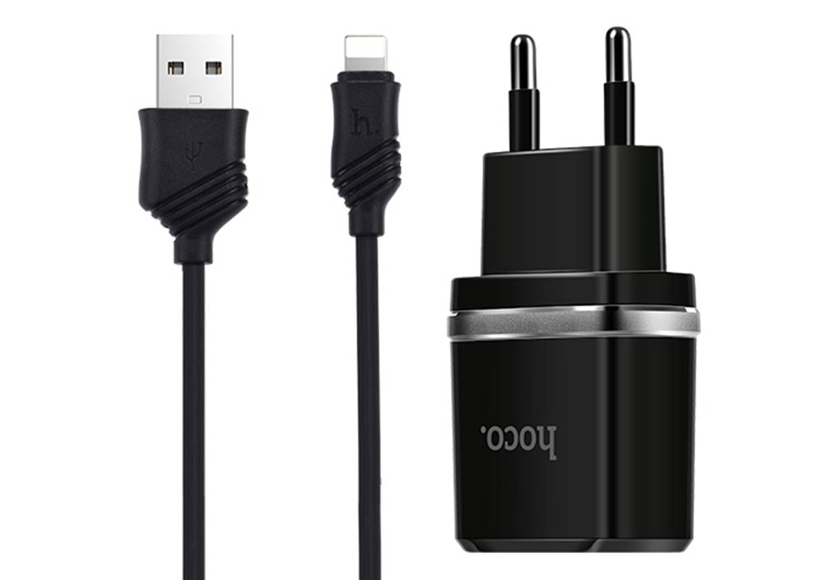 Зарядное устройство HOCO C12 Smart 2USB + кабель Lighting черный