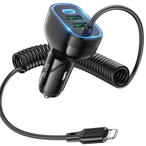 Автомобильное зарядное устройство HOCO NZ11A, 30W, 1xType-C, 2xUSB + кабель Lightning, черный