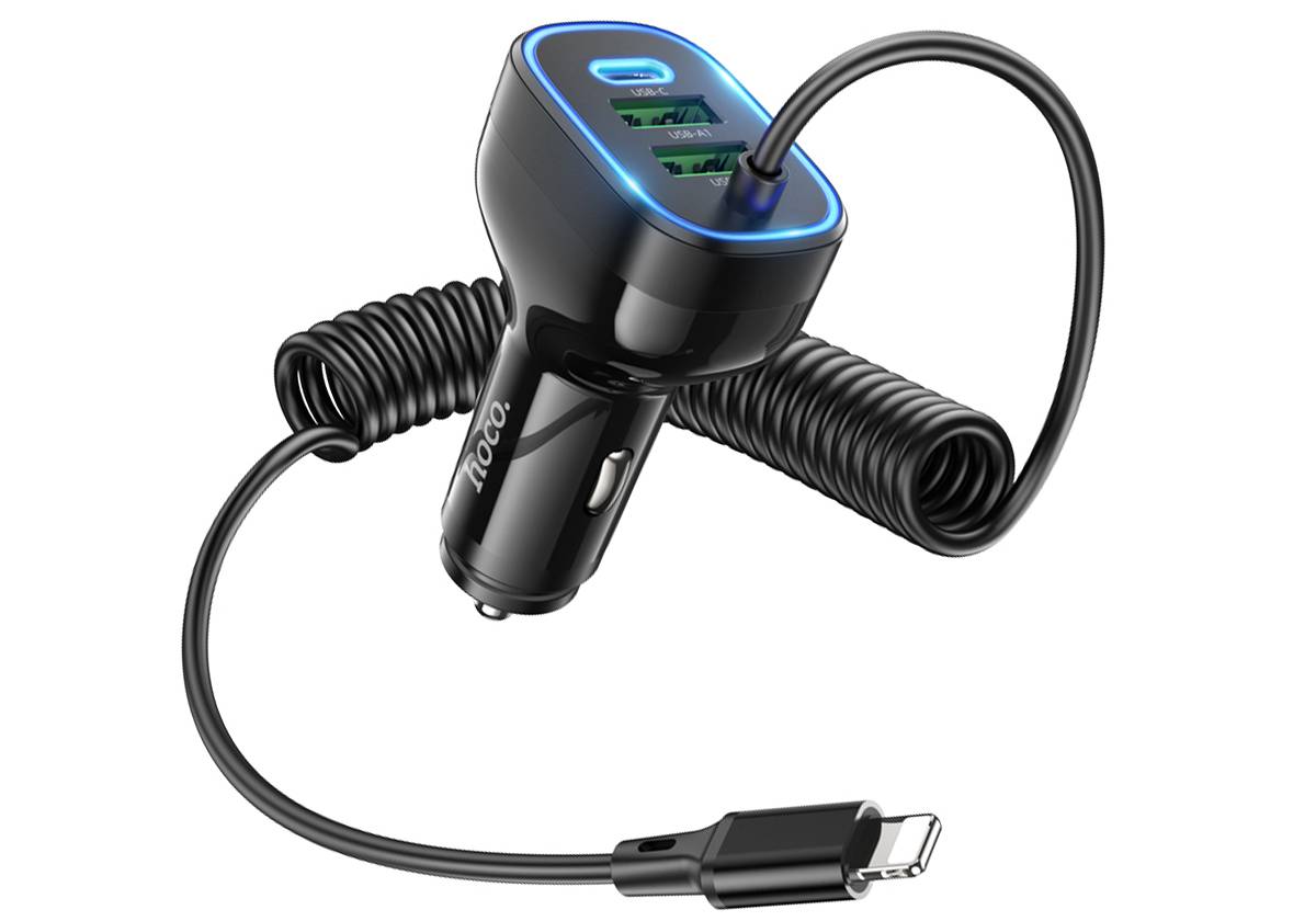 Автомобильное зарядное устройство HOCO NZ11A, 30W, 1xType-C, 2xUSB + кабель Lightning, черный