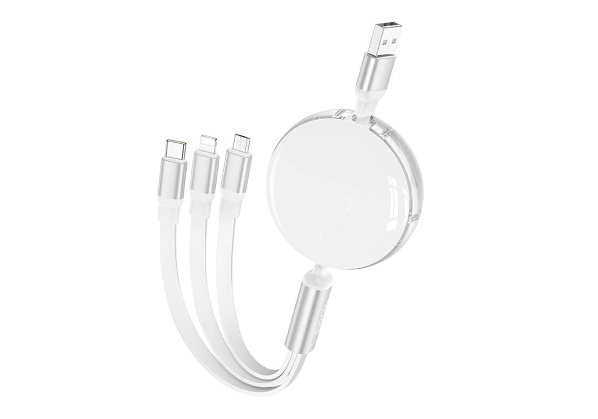 Кабель HOCO X78 Easy pull 3в1 Type-C, Lightning, Micro, выдвижной, 1м, черный
