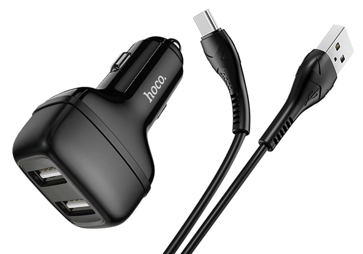 Автомобильное зарядное устройство HOCO Z36 Leader, 2xUSB с Кабелем USB - Type-C, 2.4A, черный